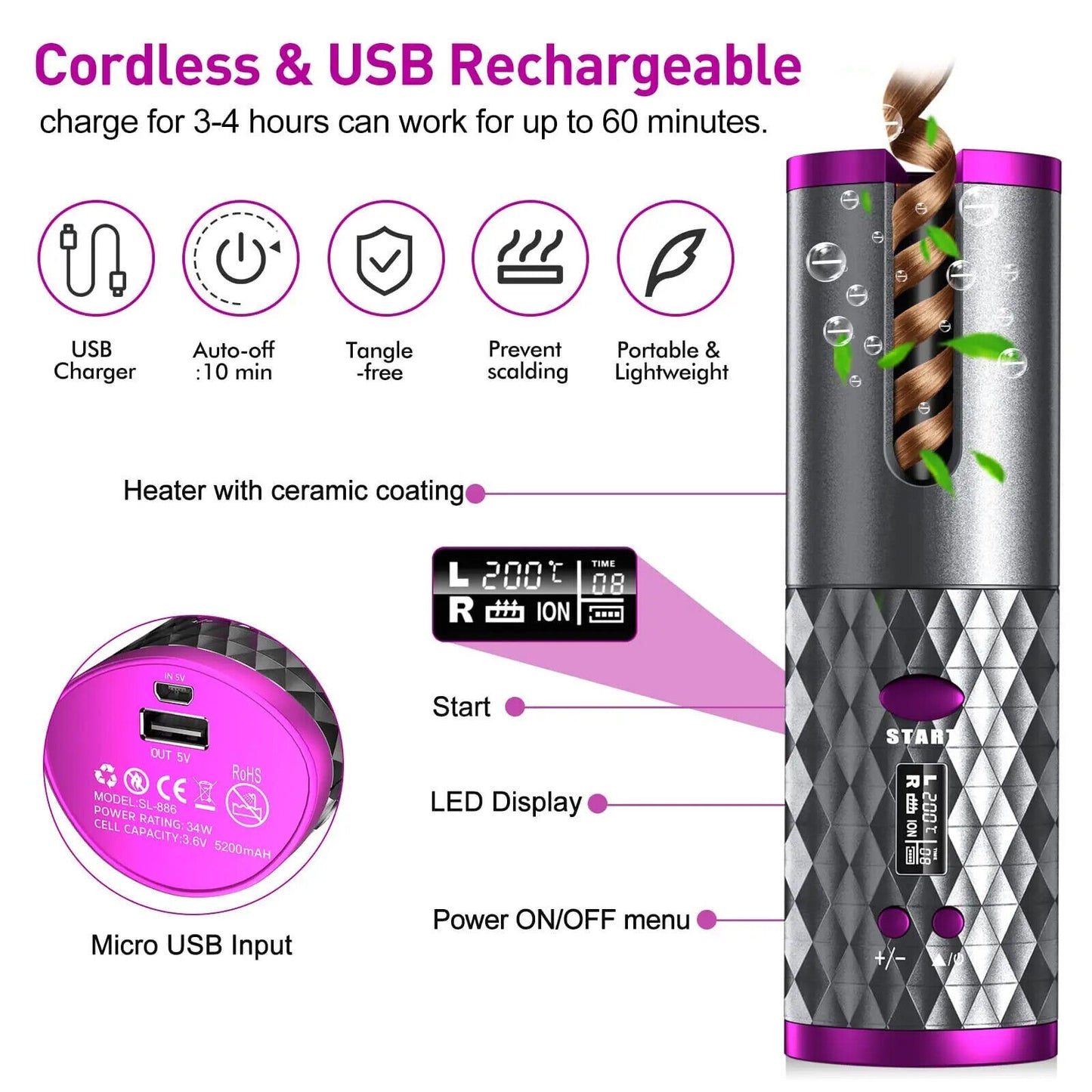 Cordless Rechargeable Hair Curler-- Salon Curls Anywhere